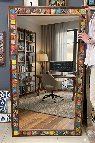 Oscar Stone Decor Ahşap Çerçeveli Mozaik Taş (mirror) Salon Ayna 80x140 Cm Re...