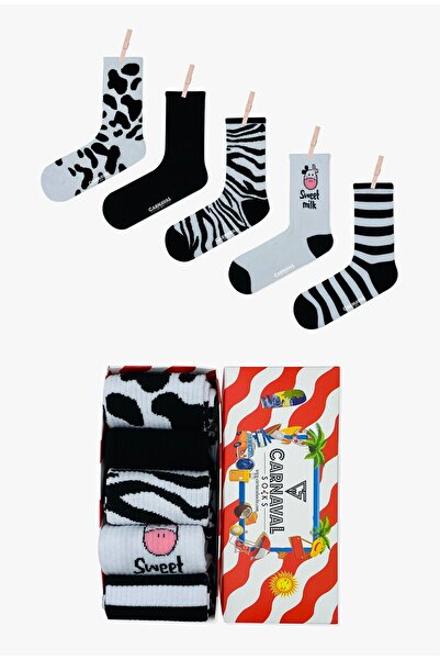 CARNAVAL SOCKS Sweet Milk 5’li Siyah Beyaz Desenli Çorap Seti | Unisex Hediye Kutulu Çoraplar