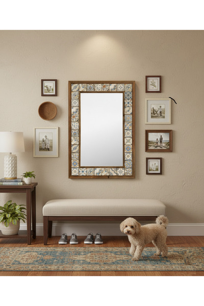 Oscar Stone Decor Masif Çerçeveli Mozaik Taş (mermer) Ayna 53x73 Cm (tile-etnik-seramik Desenli)