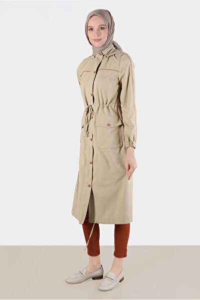 Alvina Beli Büzgülü Kapüşonlu Trençkot 10603