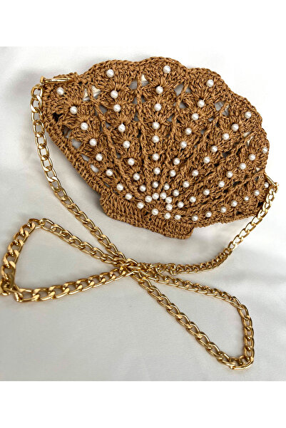 DNA MODA Kahverengi İncili Midye Çanta / İncili İstridye Çanta / İncili Hasır...