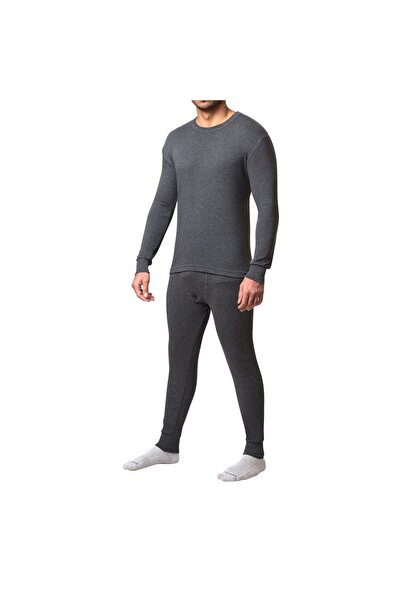 Drosh Drosh Men's Winter Pajamas - 2 Pieces, Long-Sleeved T-Shirt + Pants - Grey Cotton - Comfortable and Warm - Size - L