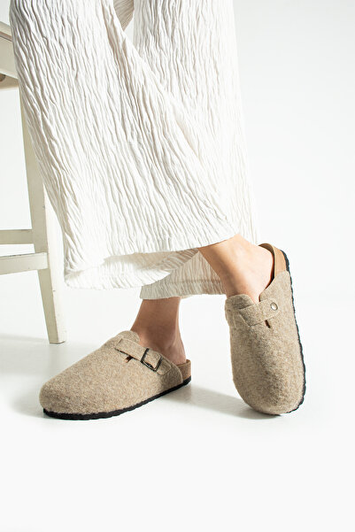 Moda Devrin Unisex Μπεζ χειμερινές παντόφλες με κλειστό μπροστινό μέρος, σόλα από φελλό, άνετο μοντέλο Sabo Daily Casual Home Slippers