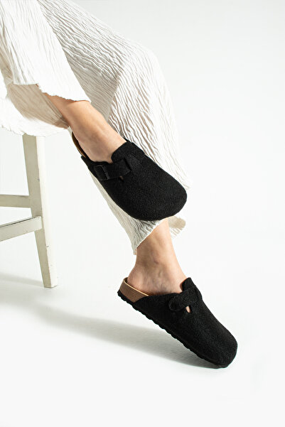 Moda Devrin Унисекс черни зимни пантофки с филцова подплата, затворени отпред, с гъбеста подметка, удобен модел Sabo, удобни пантофки за ежедневно носене у дома