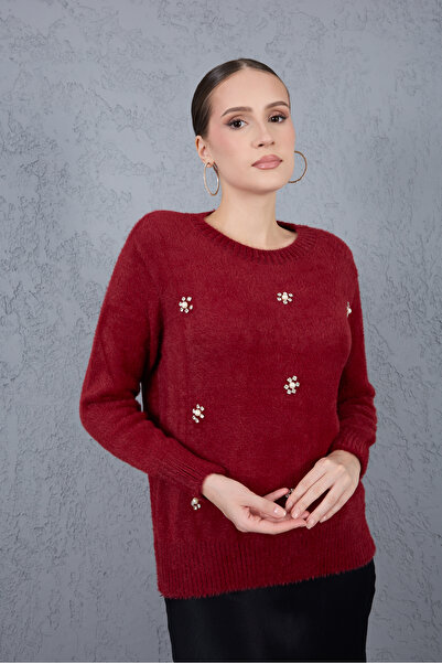 Clothes Fast Women's Burgundy Beard Yarn Stone and Pearl Detailed Crew Neck Knitwear Sweater