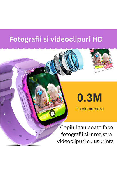 TehnoTek Kids Smartwatch 4G — GPS, HD Video Calls, Camera, IP67, SOS Button (Purple)