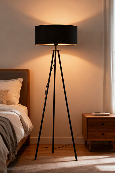 Generic مصباح أرضي ديدا، مصباح أرضي أسود ثلاثي القوائم، مصباح ليد بسطوع 3 ألوان، إضاءة محيطية عمودية بجانب السرير