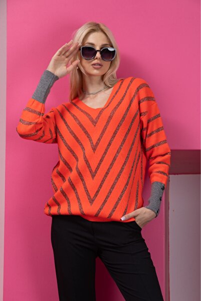 Clothes Fast Orange Striped V-Neck Women's Sweater