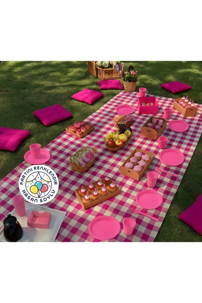 Partini Renklendir Pembe Renk Şık Plastik Lüks Tabak, Çatal, Bardak 25’Li Set...