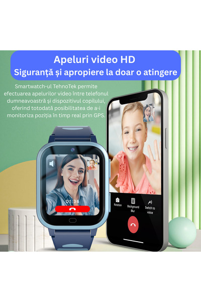 TehnoTek Kids Smartwatch GPS 4G, Super AMOLED, HD Camera, Video Calls, Heart Rate - Black