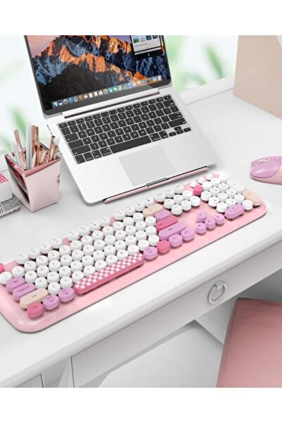 Geezer Kablosuz Klavye Ve Mouse Set 104 Tuşlu Retro Ve Şık Daktilo Renkli Tuş Tarzı Türkçe Q Klayve Uyumlu
