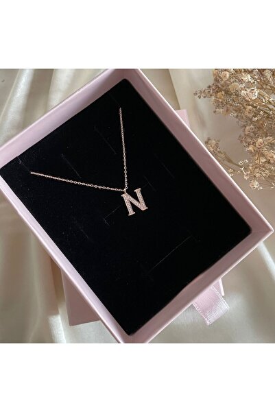 Lovera Jewellery 925 Ayar Gümüş Rose N Harfli Harf Kadın Kolye | Zarif Hediyelik Takı Şık Doğum Günü Hediyesi N Harfi