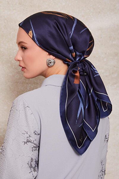 Levidor وشاح حريري بنمط زهور باللون الأزرق الداكن