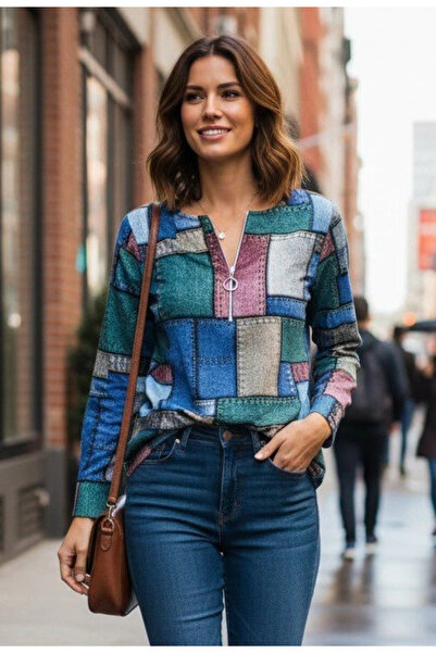 ARONA Women's long sleeve modal blouse with denim-look print and zip-up neckline