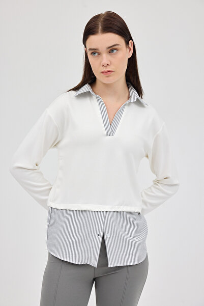 Rays Πλεκτή μπλούζα με λεπτομέρεια γιακά πουκάμισου εκρού 8241Α