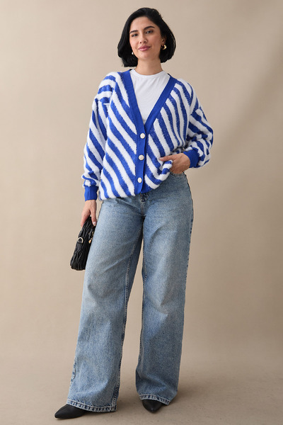 InStyle Tüy Şeritli Kısa Mavi Triko Hırka