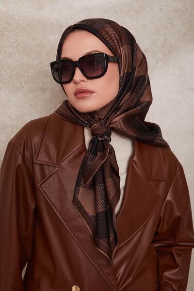 Levidor Μεταξωτό κασκόλ από μετάξι με καρό σχέδιο με καφέ κουάντα