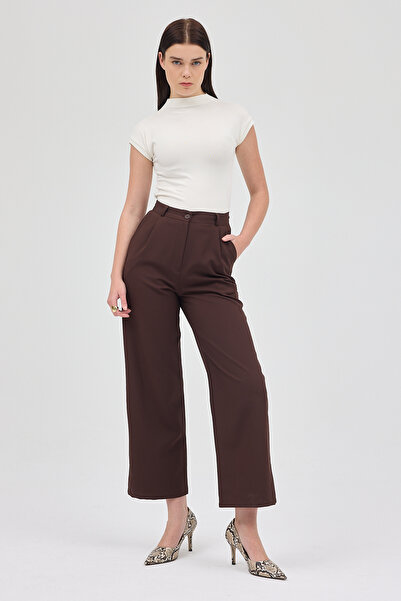 Rays Pantaloni Palazzo talie înaltă pentru femei, cu detaliu în pliuri, maro ...