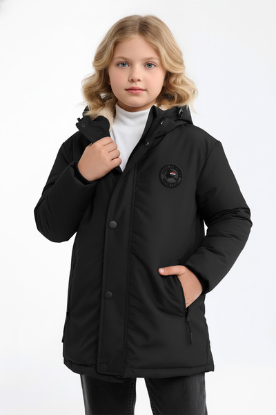 QAWWA Kız Çocuk Elyaf Dolumlu Kapüşonlu Rüzgar Geçirmez Siyah Kışlık Kaban & Parka