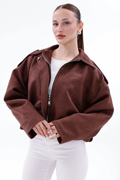 happinice سترة بومبر كبيرة الحجم من الجلد السويدي