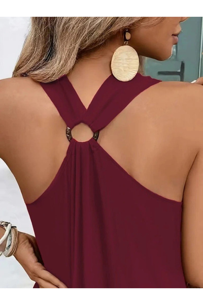GE TİCARET Γυναικείο φόρεμα με λουράκι V λαιμόκοψη με λεπτομέρεια Maxi μήκους βισκόζης