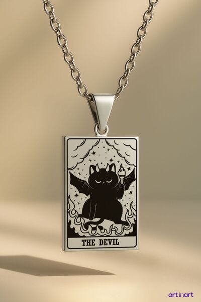 ArtinArt Kedi Tarot Kart  The Devil Şeytan | 316L Çelik Kolye