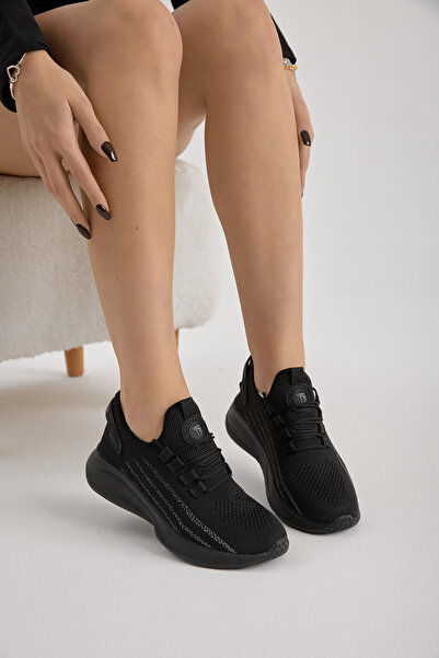 Tonny Black Unisex Siyah Termo Taban Şerit Detaylı Bağcıklı Triko Spor Ayakkabı
