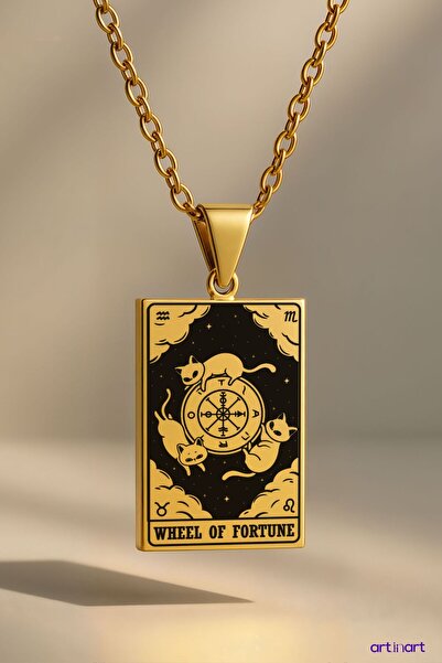 ArtinArt Cat Tarot Card Wheel of Fortune Fate Wheel |   316L Steel Necklace