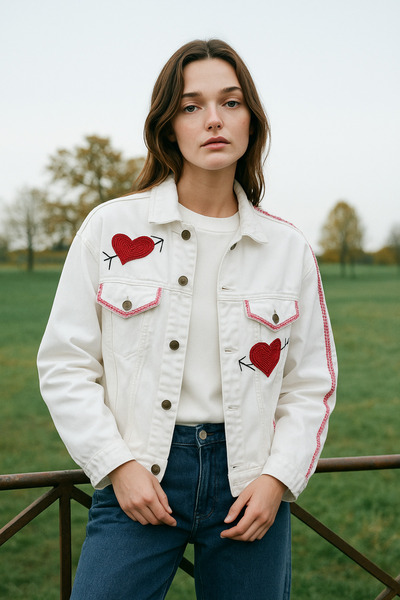 GZ Design Kırmızı Kalp Işlemeli Beyaz Oversize Jean Ceket