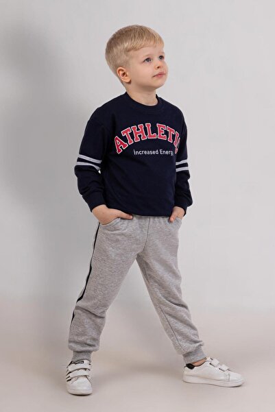 RAPAPA Boys' 3-Thread Sweatshirt & Gray Sweatpants 2-Piece Set – Sports Casual Combination 4073 Navy Blue