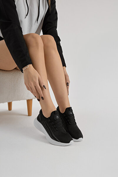 Tonny Black Unisex Siyah Beyaz Termo Taban Şerit Detaylı Bağcıklı Triko Spor Ayakkabı