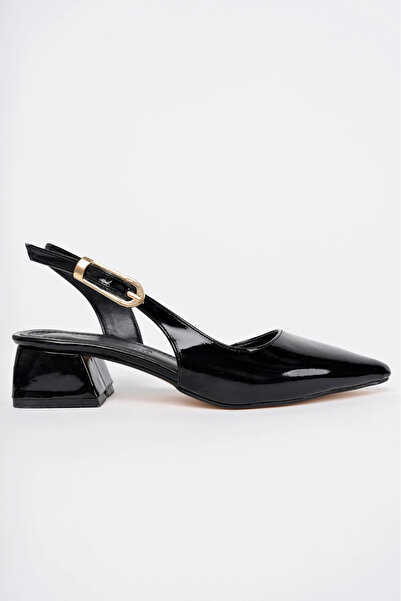 bakacstore أحذية نسائية سوداء من الجلد اللامع مفتوحة من الخلف بمقدمة مدببة وك...