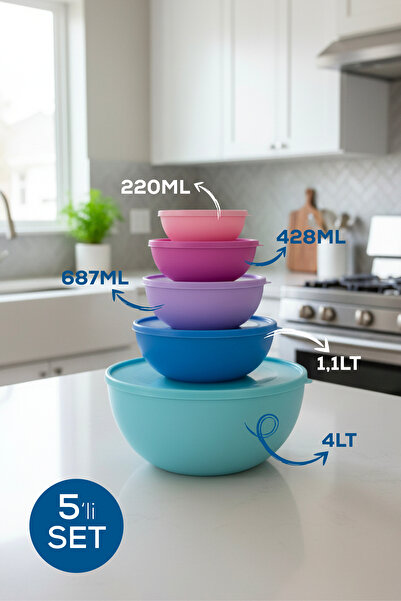 Vienev Set of 5 Mixing Bowls with Lids |   Multi-Purpose Salad Dough Kneading Bowl