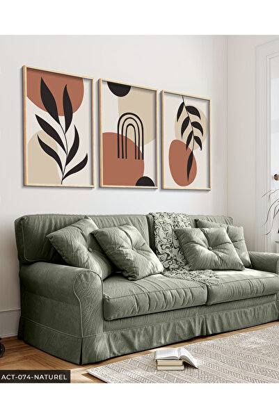 Evinemoda Yaprak Soyut 3 Parça Ahşap Çerçeveli Tablo