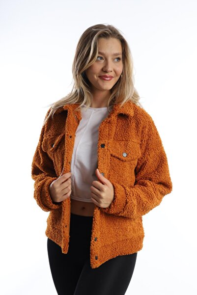 Polo State Jachetă de pluș creț pentru femei, cu închidere cu apăsare, scorțișoară