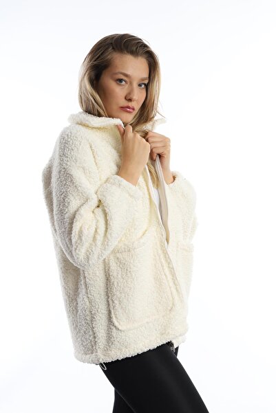 Polo State Women's Zippered Stopper Detailed Curly Plush Jacket Ecru