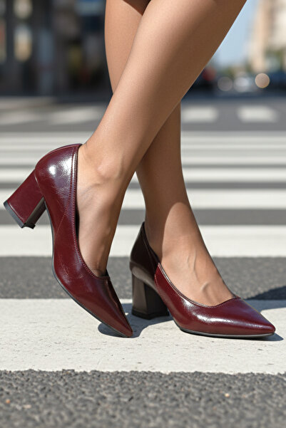 Gökhan Talay Zaneta Flexible Soft Non-Slip Sole (4 cm) Women's Thick Heel Burgundy Patent Leather Shoes