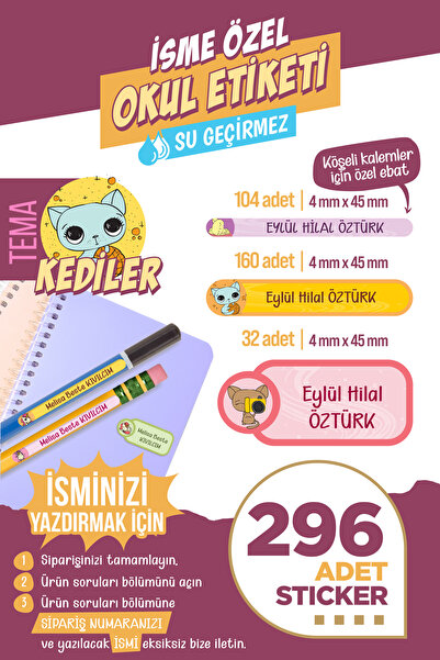 colortouch 296 ADET Kedi Serisi Okul Etiketi Kalem Etiketi Defter Etiketi Kiş...