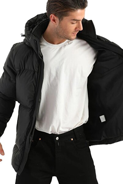 RİVERCLUP Pánský černý nafukovací zimní sportovní kabát s kapucí a kapucí z vláken