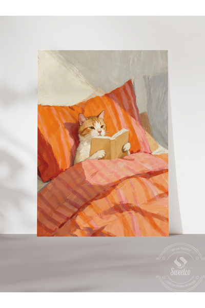 Sweetco Çerçevesiz Poster Cozy Minds | Kedi ve Kitap Sıcak Kış Atmosferi Cat Book Duvar Dekoru