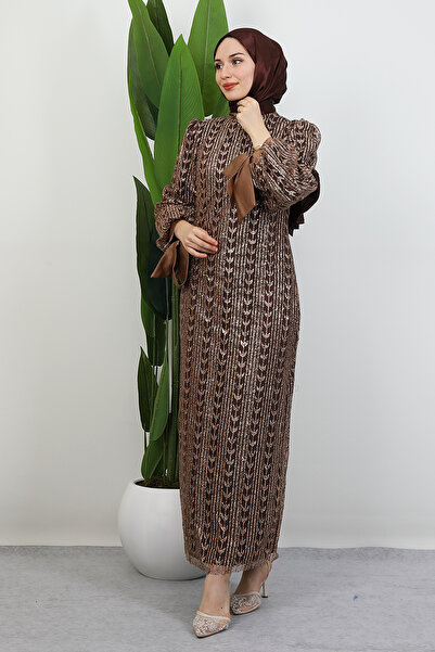 GİZ AGİYİM Pearl Hijab Evening Dress Brown
