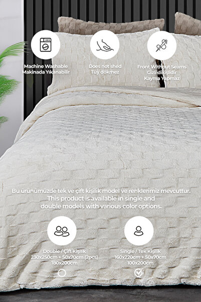 Evlen Home Collection Fur Bedspread Comforter Sleeping Set Single Fitted Sheet Plush Soft Rody 3 Piece Cream Off White