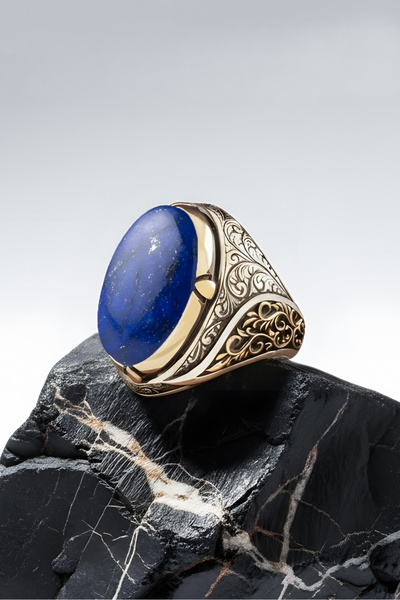 Takıdepo Lapis Lazuli Taşlı Büyük Boy Gravür Sarmaşık Model Gümüş Yüzük