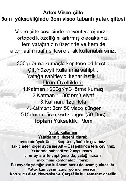 Artex Visco Şilte 80x200 Visko Ped Yatak Şiltesi Pedi Topper 9+-1cm