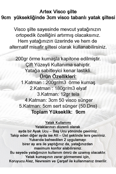 Artex Visco Şilte 100x200 Visko Ped Yatak Şiltesi Pedi Topper 9+-1cm