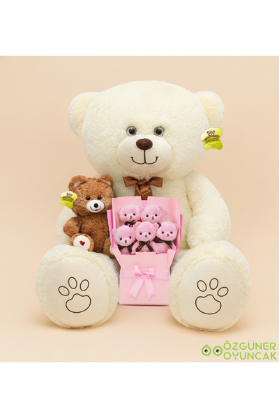 Özgüner Oyuncak Love-Filled Gift Set – 120 cm Giant Plush Bear, 25 cm Plush Teddy Bear and Plush Bouquet