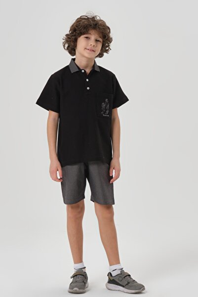 Black One Boy's Cotton Print Detailed Polo Neck T-Shirt Shorts Summer Bottom Top Set