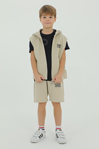 Black One Crew Neck Boy's Vest T-Shirt and Shorts Triple Set