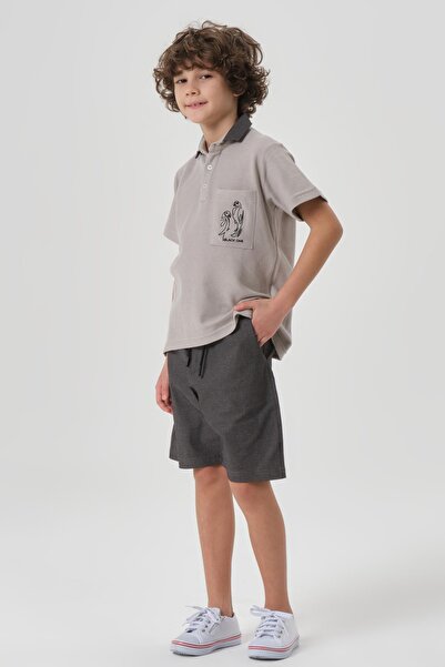 Black One Boy's Cotton Print Detailed Polo Neck T-Shirt Shorts Summer Bottom Top Set