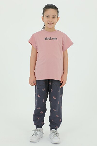 Black One Crew Neck Girl's Print Detailed Cotton Summer T-Shirt Trousers 2-Piece Tracksuit Set